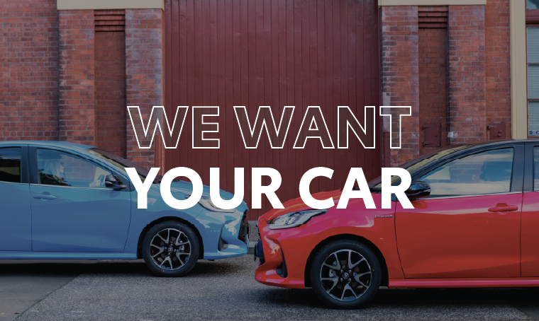 Two Toyota Yaris hatchbacks with overlay text that reads, "we want your car"