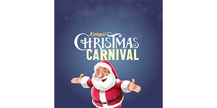 Friendly Santa illustration with open arms under the title “Kaiapoi Christmas Carnival” on a blue starry background