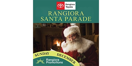 Santa figure sitting indoors by a fireplace, with “Rangiora Santa Parade” text above and event details and logos along the top and bottom.